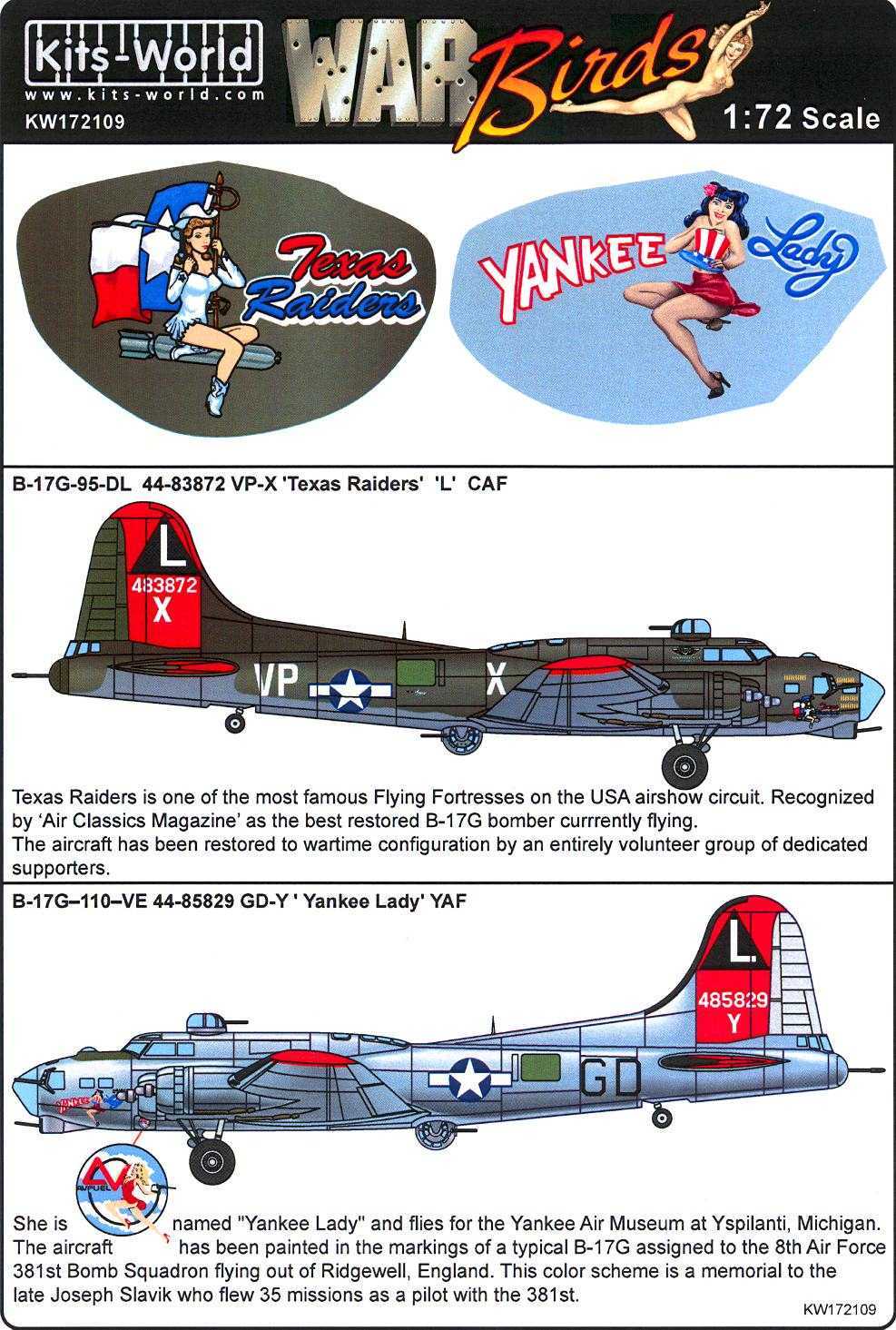 KITS WORLD DECALS 1/72 BOEING B-17G FLYING FORTRESS Texas Raiders ...